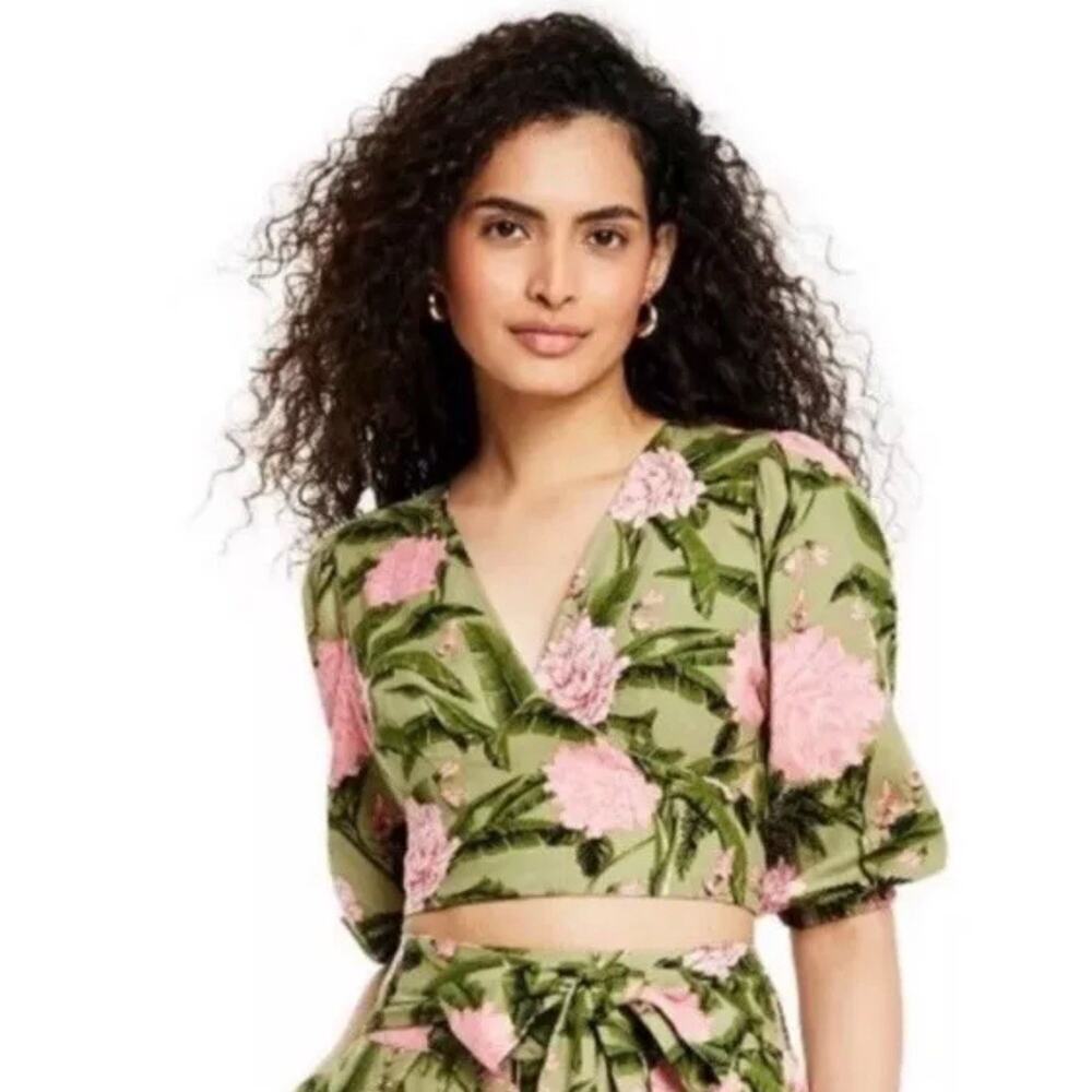 NWT Agua Bendita x Target Peony Floral Wrap Top Linen Blend Green Pink Size M!!